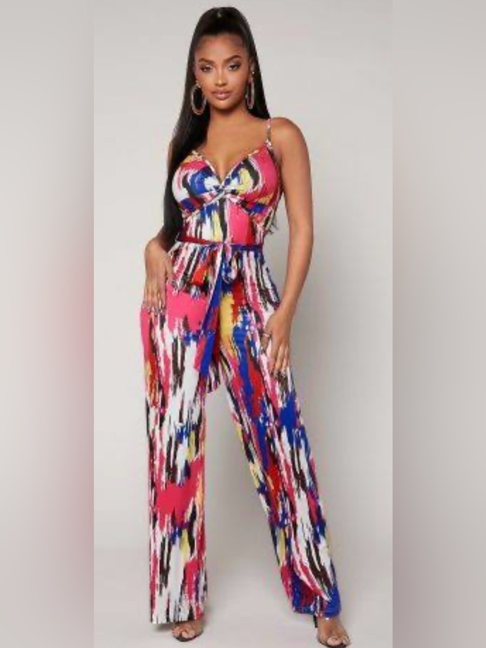 SHEIN Multicolor Abstract Print Sleeveless Jumpsuit - Pink/Blue/Yellow